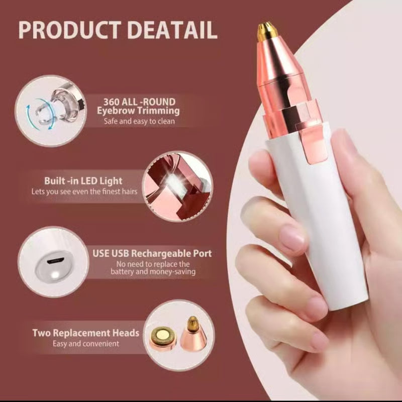 Eyebrow Trimmer for Women, 2 in 1 Rechargeable Facial Hair Remover For Women with Replaceable Heads, Professional Painless Personal Hair Removal Razor with Indicator Lights